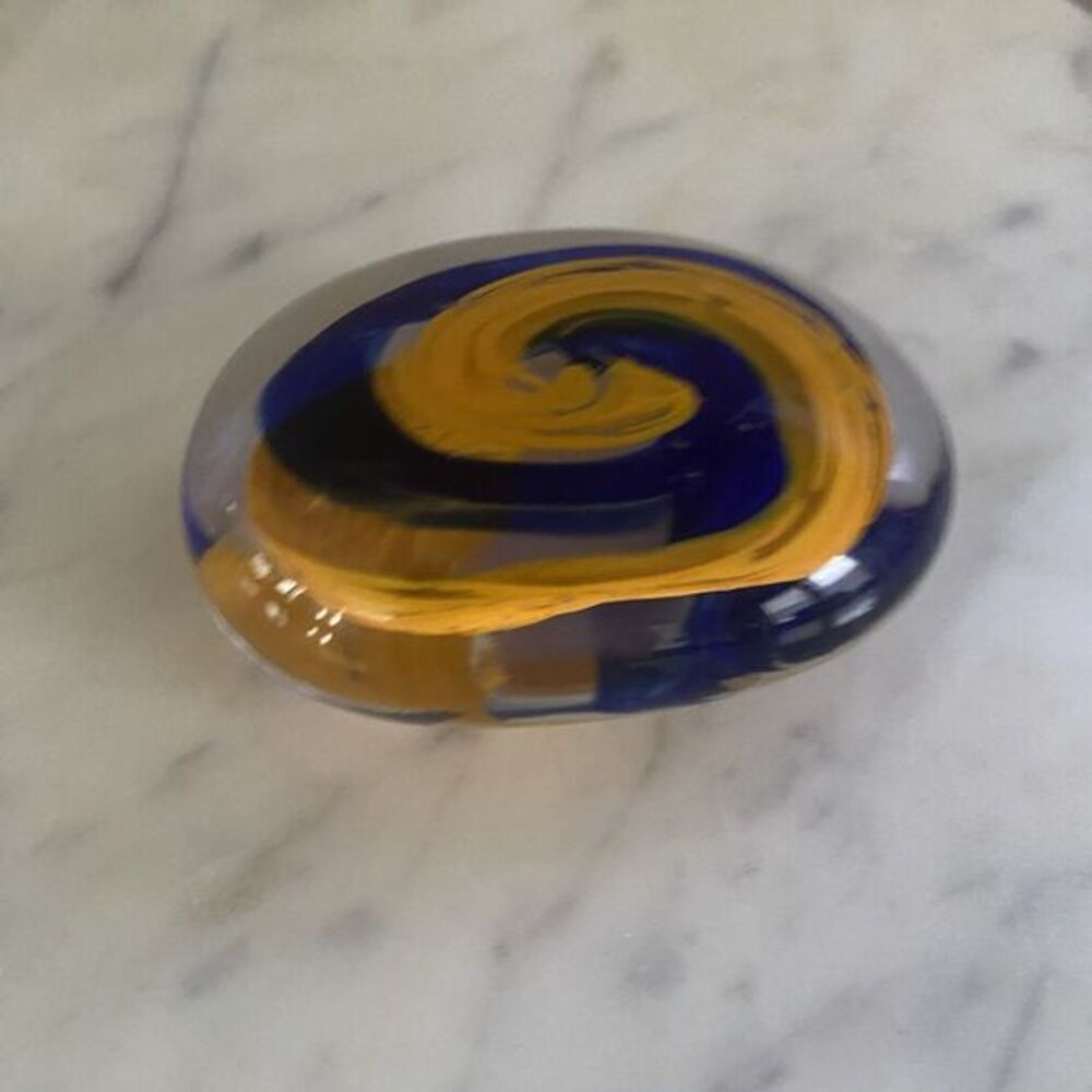 Egermann Czech Paper Weight Hand Blown Crystal Magic Stone Blue & Yellow